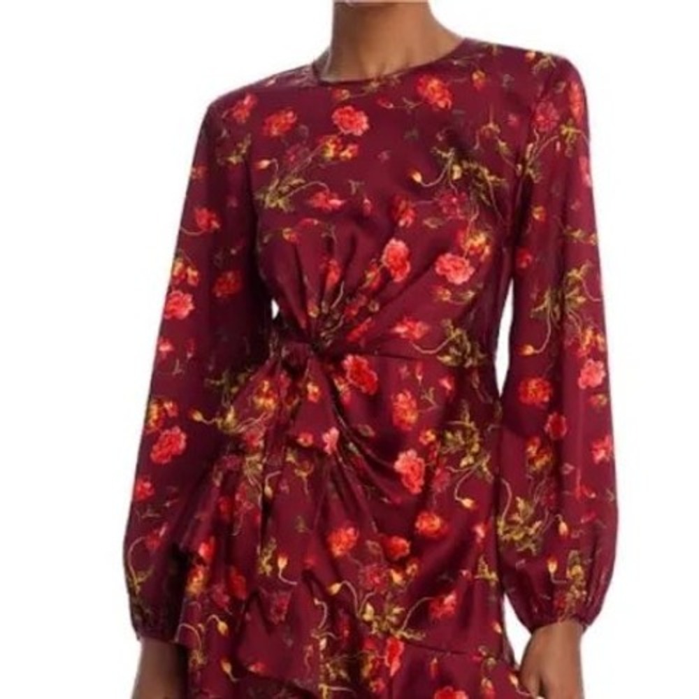 Cinq a Sept Burgundy Alice Floral Ruffle Mini‎ Dress Long Sleeve Red 4 NWOT